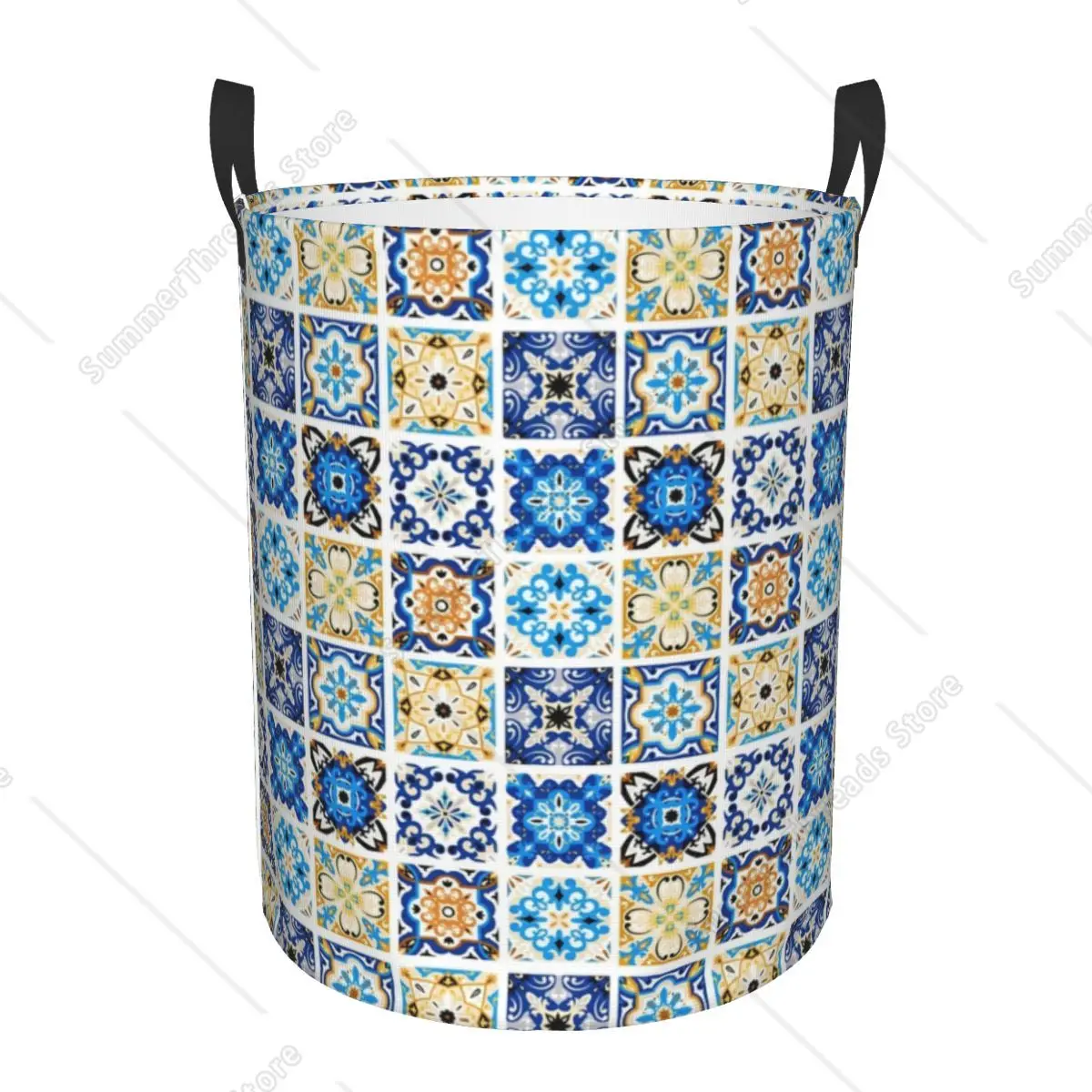 

Blue Mosaic Tiles Moroccan Arabesque Laundry Basket Antique Geometric Clothes Hamper For Baby Kids Toys Storage Bag