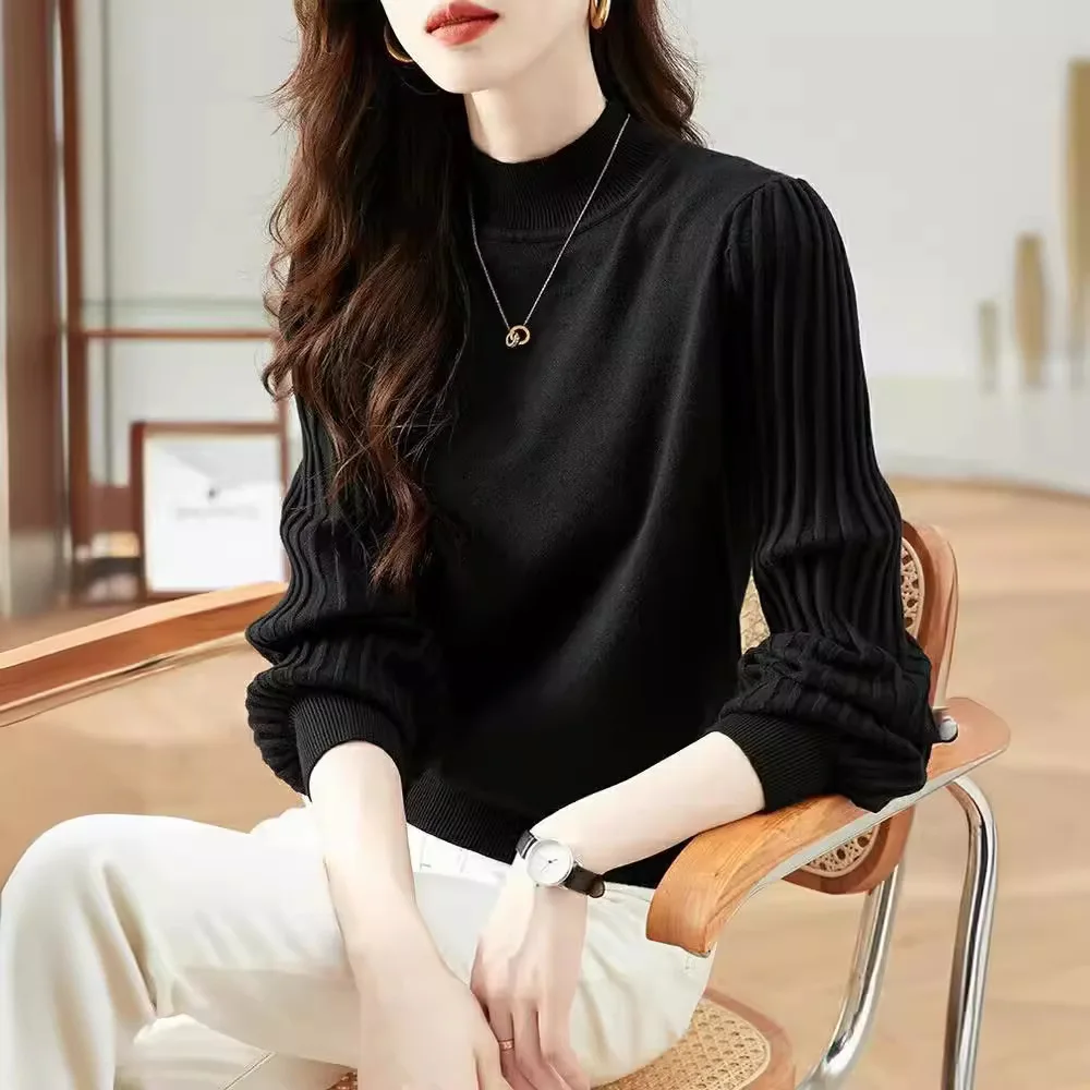 

Модная осенне-зимняя универсальная повседневная базовая рубашка из кашемира с длинным рукавом, полувысоким воротником и полосатым узором, легкая роскошь