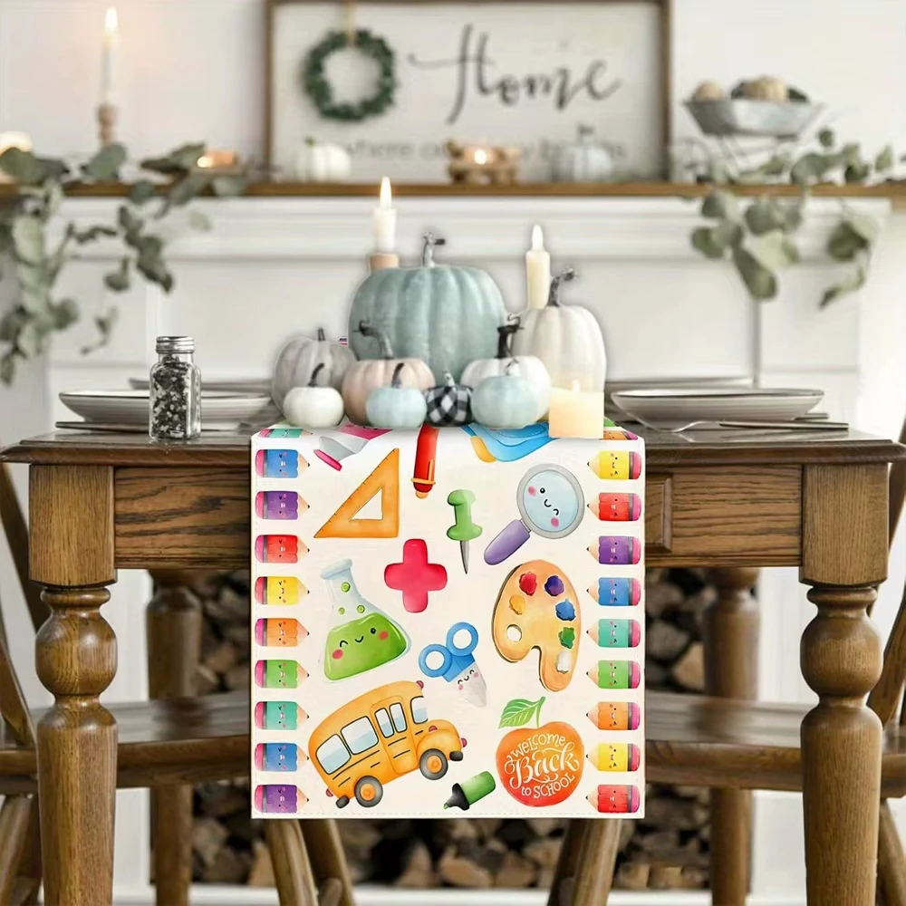 1 Piece Interesting Stationery Pattern Table Runner, Suitable for Classroom Decoration, School Theme Party