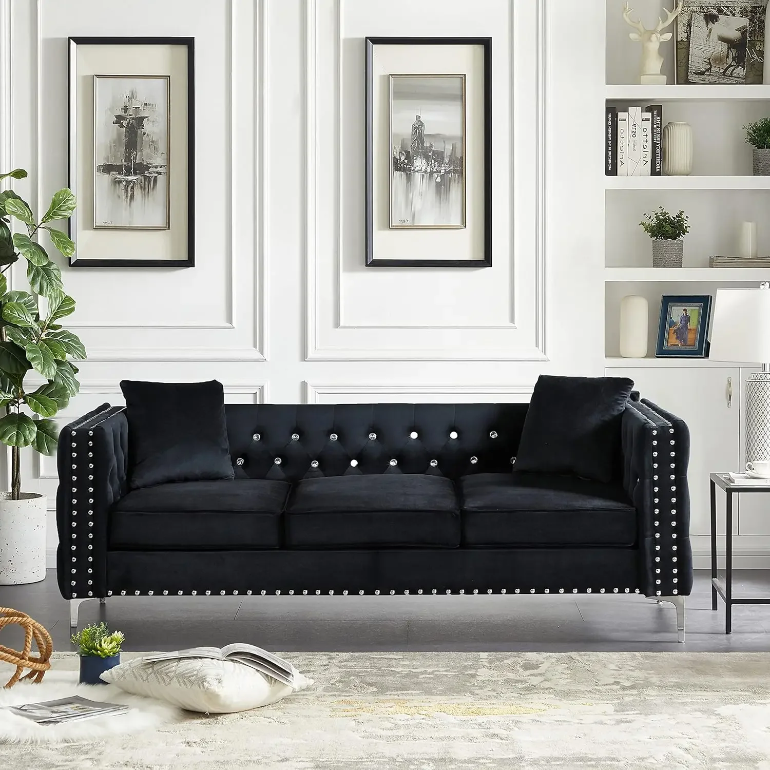 Velvet Sofa with Jeweled Buttons and Square Arms 82.3 Inch Tufted Couch with Trimmed Nailhead and Metal Legs 3 Person Couch