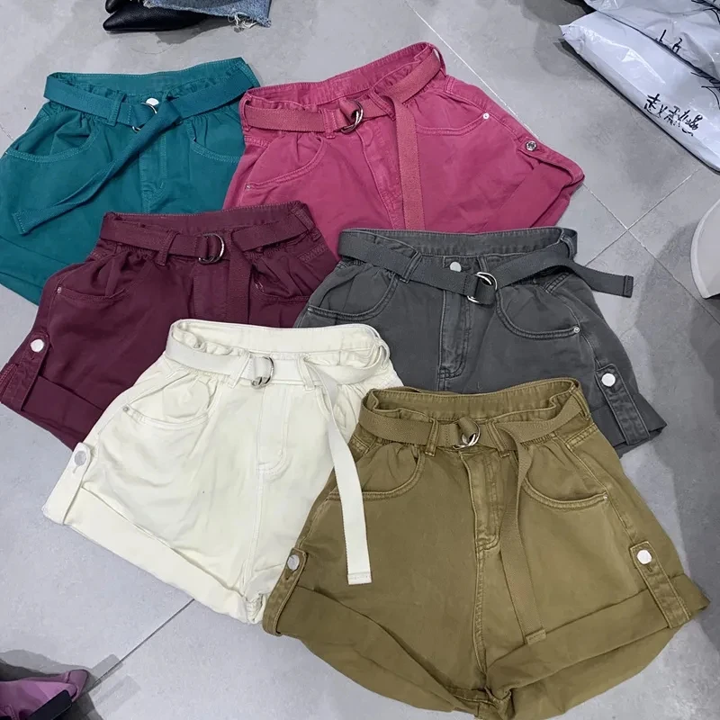 Casual cinto shorts jeans feminino streetwear sólido solto cintura alta cortada vaqueros 2023 verão denim calças largas perna shorts quentes