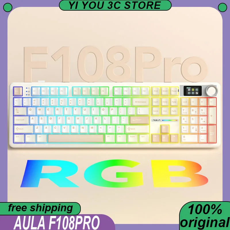 

AULA F108PRO Mechanical Keyboard Wireless Tri-mode 108Keys Gasket RGB Display Screen 8000mAh PC Esports Office Keyboards