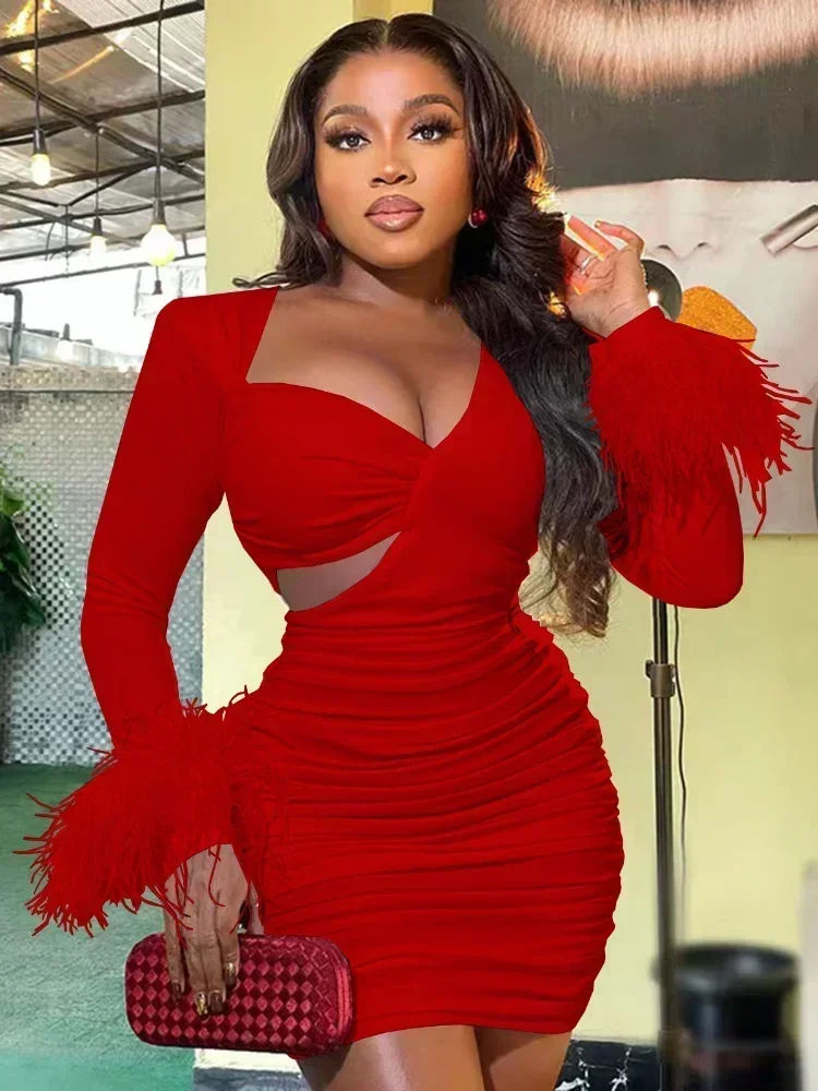 Guwu pena bainha manga longa assimétrico com decote em v recorte lateral ruched empilhado sexy bodycon vestido oco para fora vestidos de festa femininos