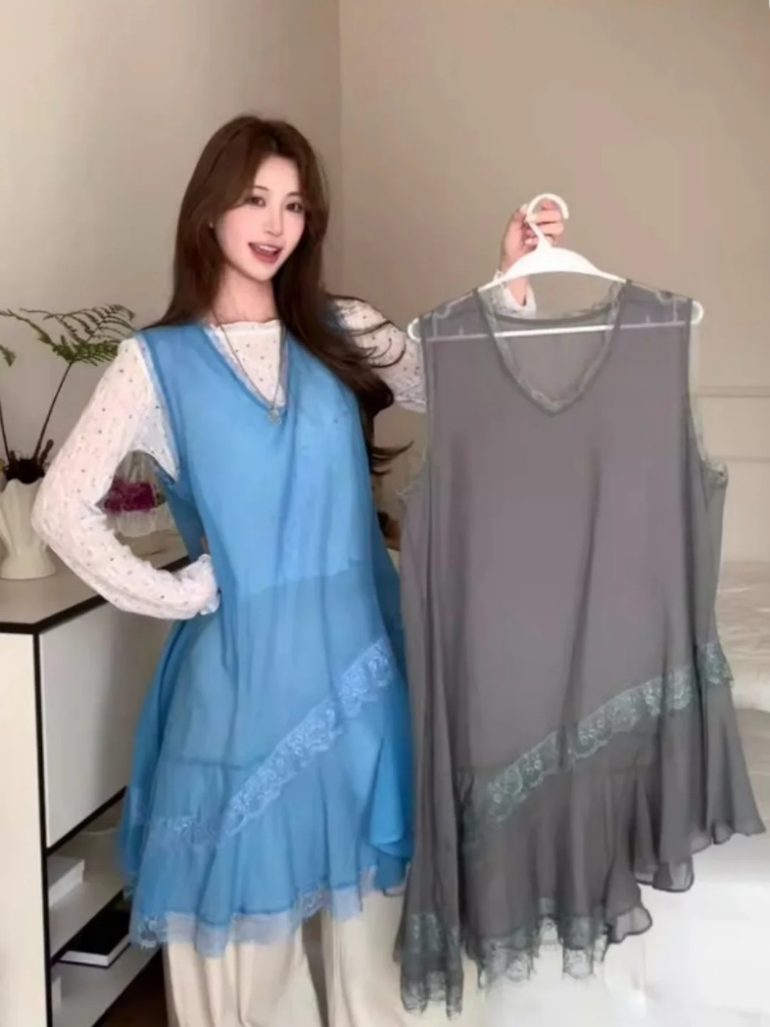 Slimming Effect Lace Splice Mid-Length Sleeveless Vest Large Size Fashionable Asymmetrical Hemline Ladies' Summer Outerwear