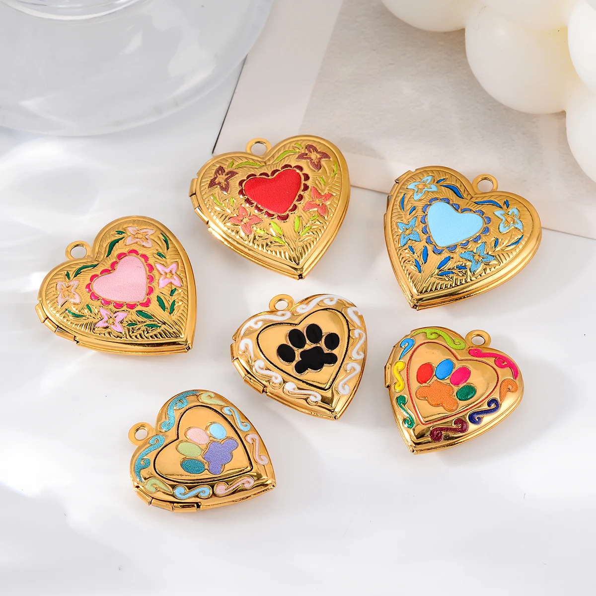 Großhandel 4 Stück/Set Emaille Bunte Fotorahmen-Medaillon-Anhänger Edelstahl Herz-Charms für Schmuckherstellung DIY-Zubehör – Detail 7
