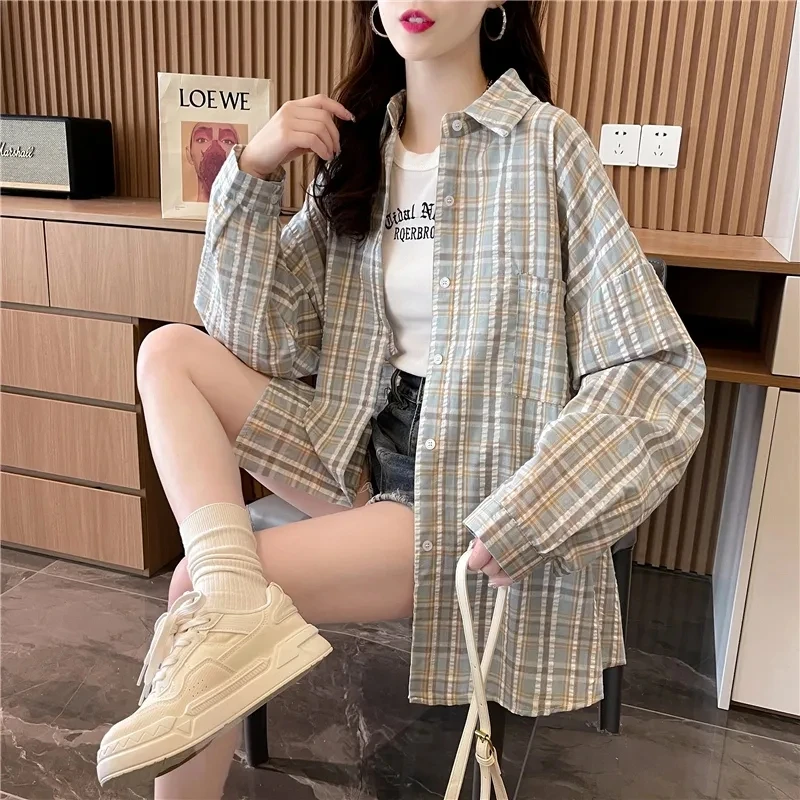 

Loose Casual Plaid Women's Shirt Thin Coat 2025 Spring Ladies Summer Female Korean Medium To Long Stripe Blouse