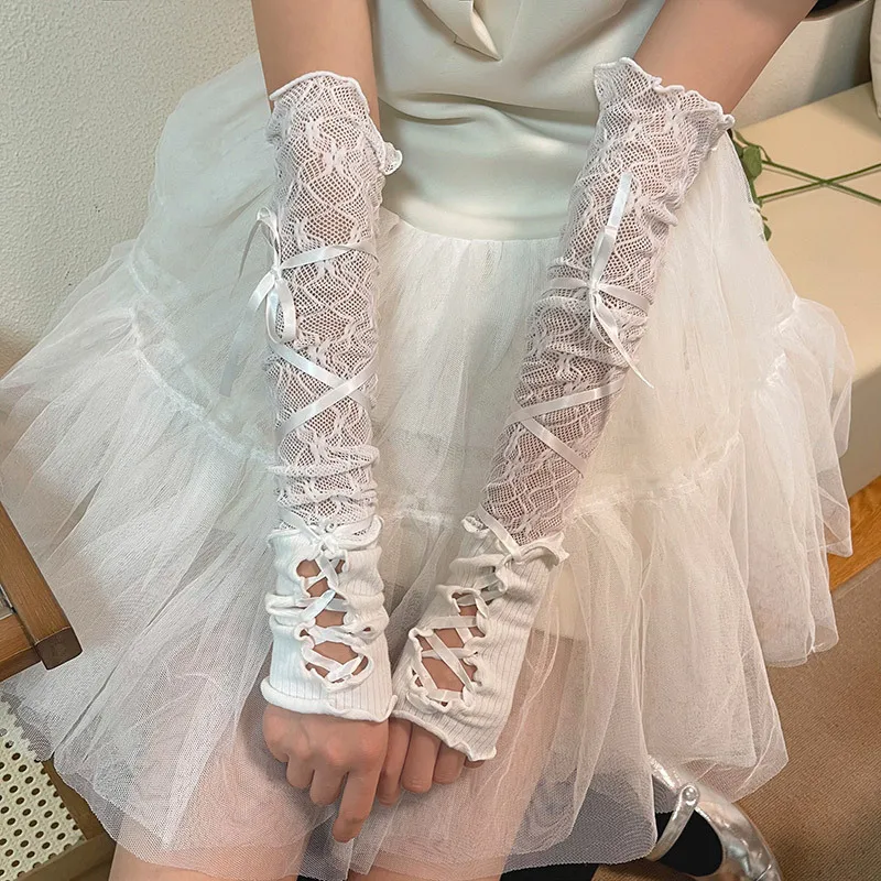 

Women Cosplay Lolita Princess Style Lace Bandage Ribbon Thin Fingerless Long Gloves Cute Lovely Sweety Bow Elasticity Hollow