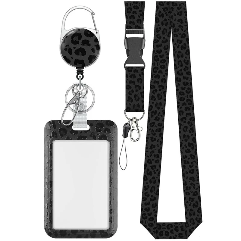 porta-cracha-deslizante-moderno-com-estampa-de-leopardo-preto-clipe-mosquetao-retratil-e-alca-de-cordao-destacavel