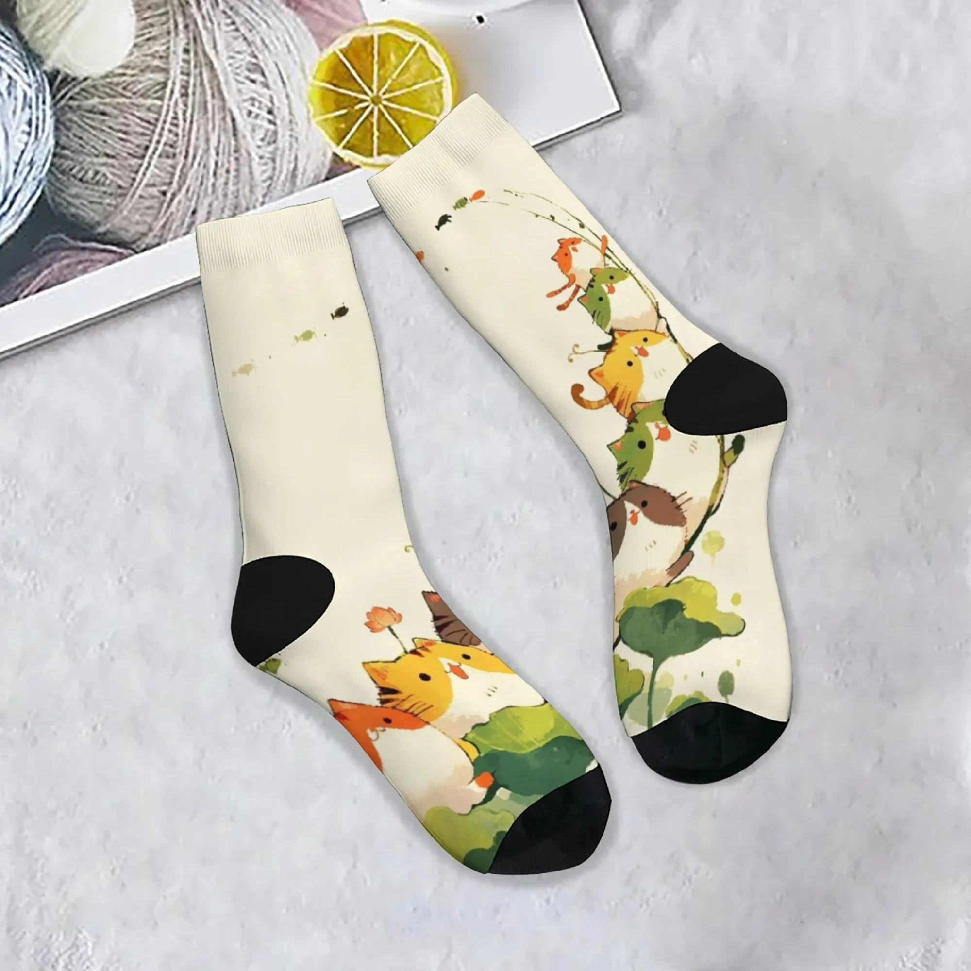 

There are many cute cats on the lotus leaves print Socks Crew Socks Harajuku Style Retro Trend Street Hip Hop Socks Party Gift