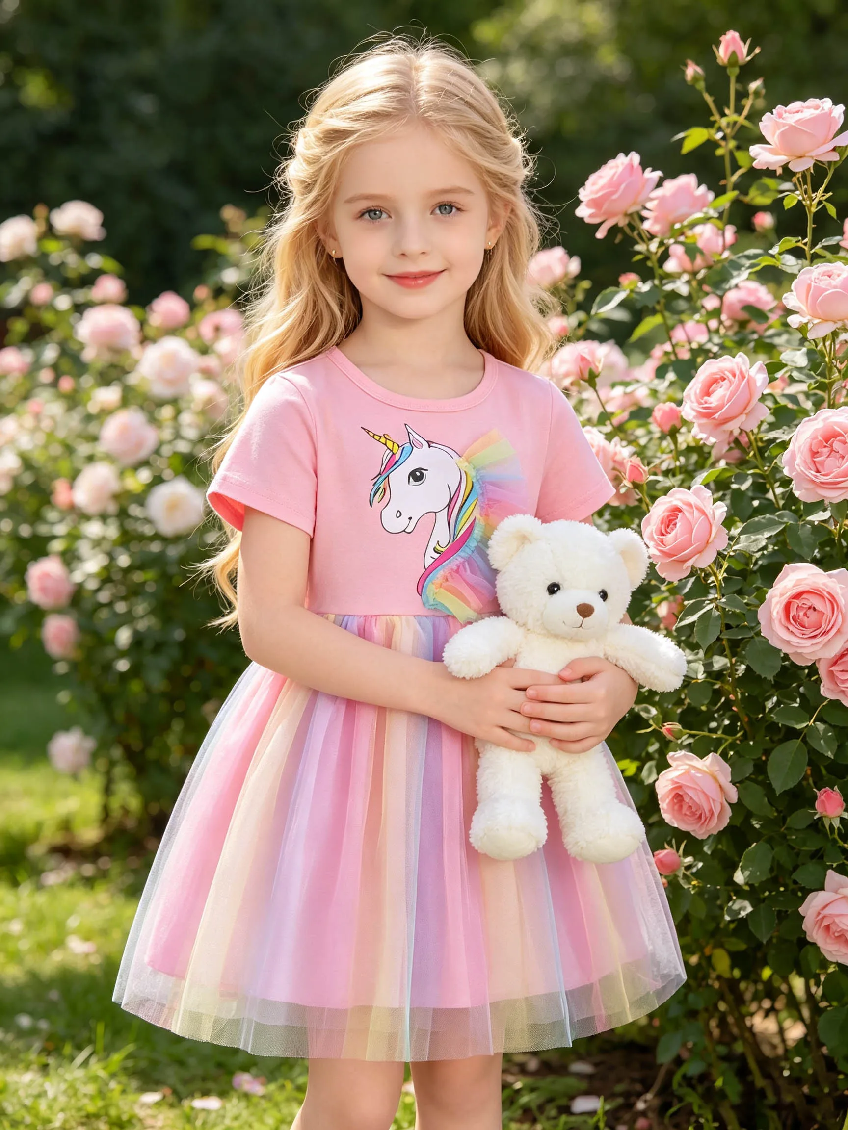 Peach Pink Unicorn Girls' Summer Outfit, Crew Neck Short-Sleeve Gradient Rainbow A-Line Tulle Princess Dress