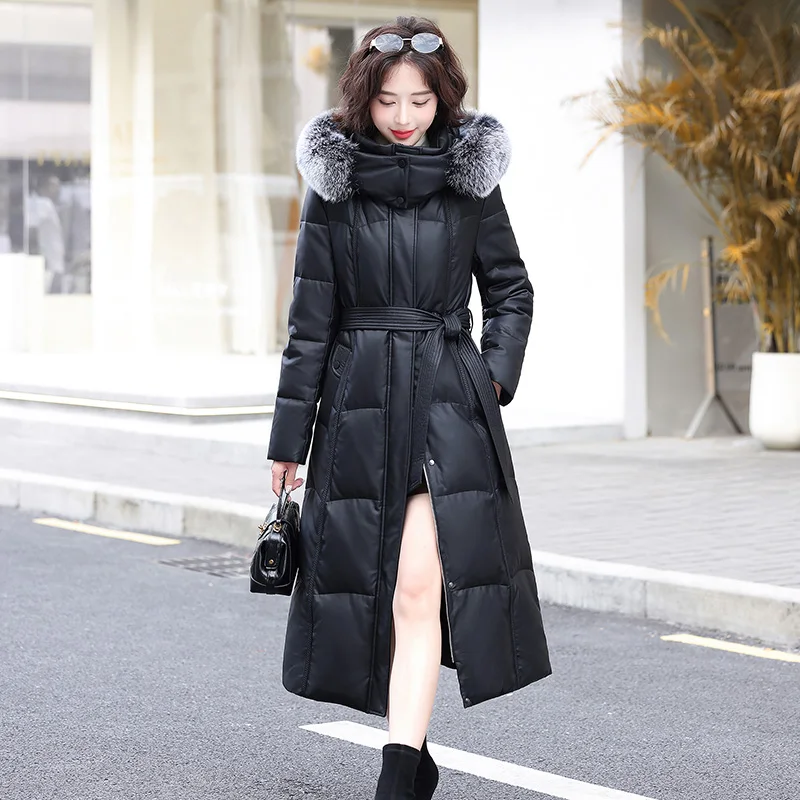 

New Women Winter Long Leather Down Coat Fashion Fox Fur Collar Hooded Duck Down Coat Casual Loose Thick Warm Winter Outerwear