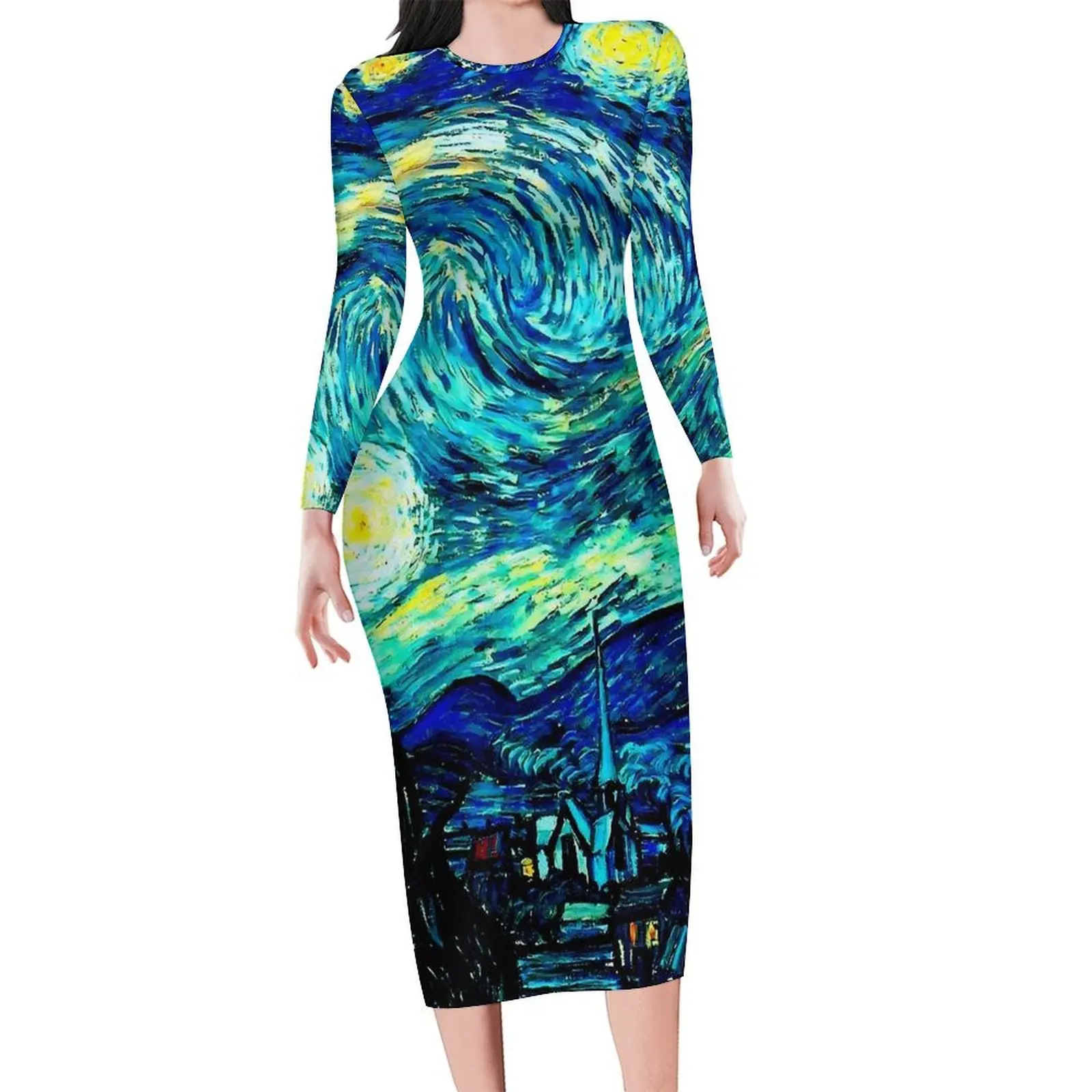 Starry Night Famous Painting Bodycon Dress Summer Vincent Van Gogh Sexy Dresses Women Long Sleeve Graphic Street Wear Dress