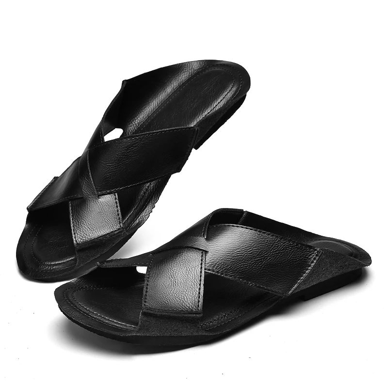 Originality Design Leather Slippers Cowhide Open-toe Sandal Man Flat Slides Beach Summer Shoes High Quality Big Size 38-47 Male