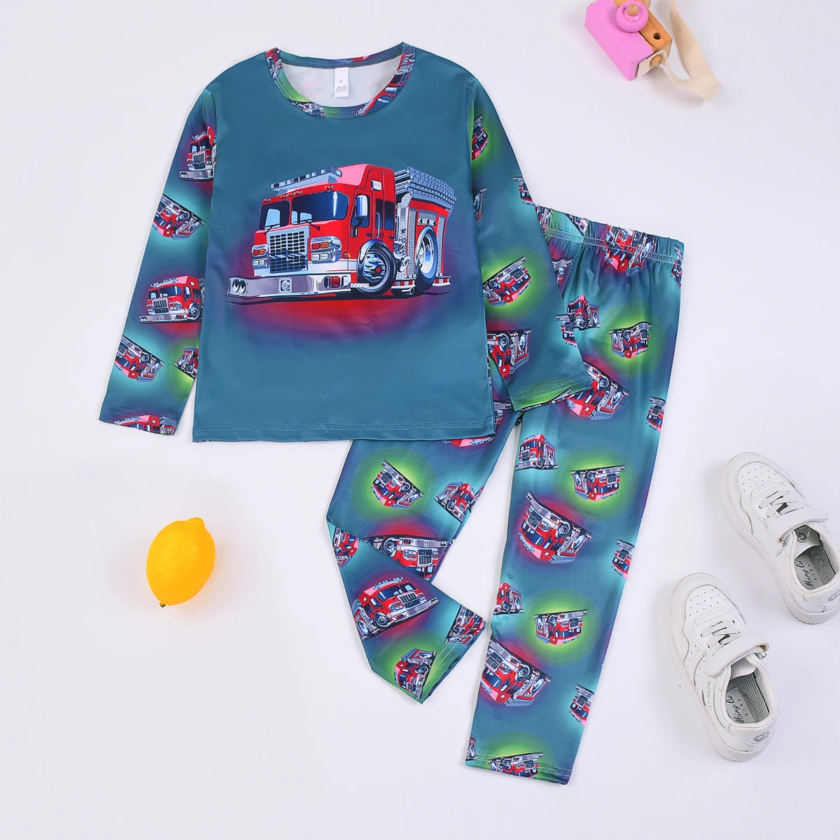 Frühling Herbst Jungen Pyjama-Set Dinosaurier Astronaut Feuerwehrauto Druck Kinder Loungewear – Detail 7