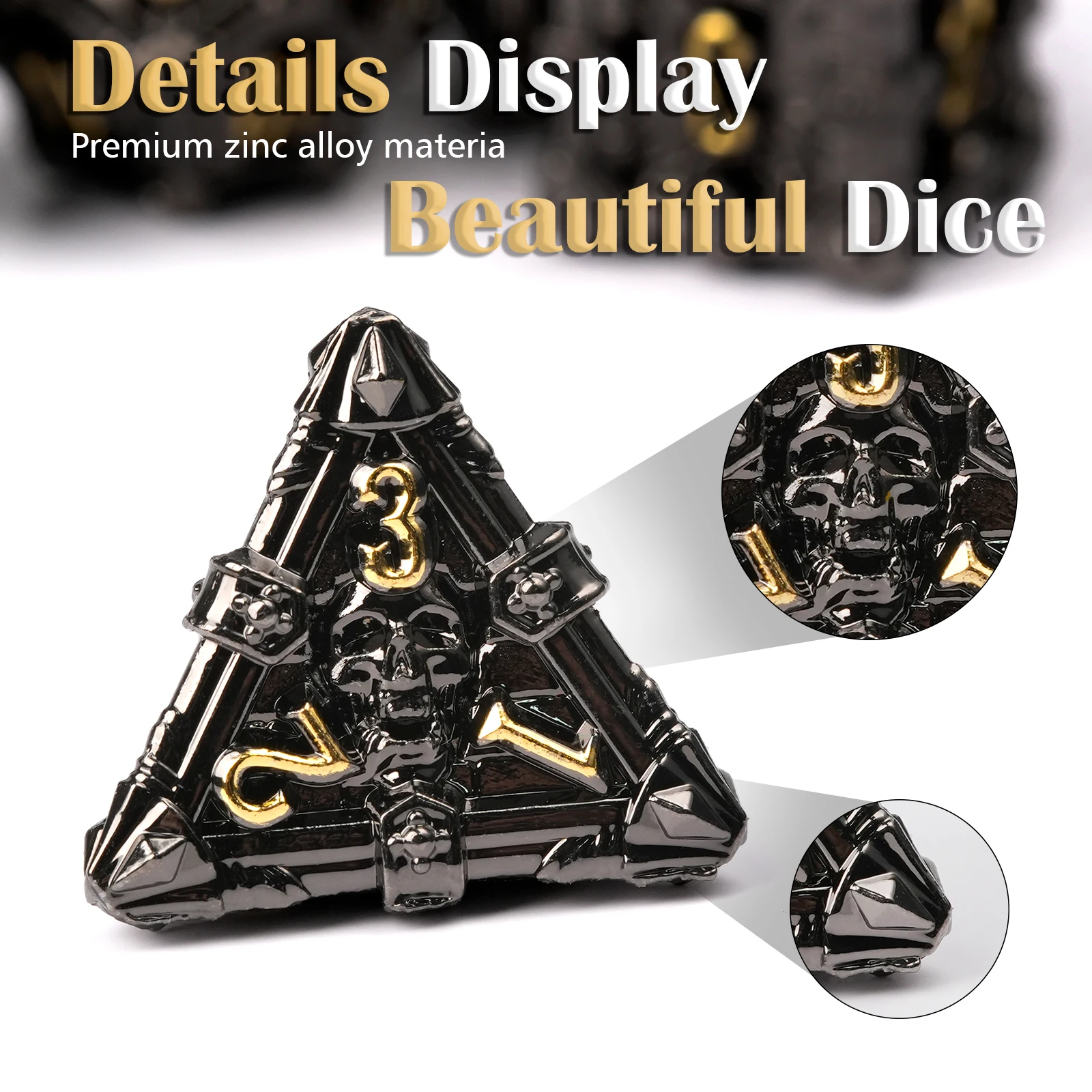 Black-Gold 7pcs DND Skull Metal Dice Set Multi-side Polyhedral Solid Dice for D&D Game Role Playing Board Table RPG D4 D6 D8~D20