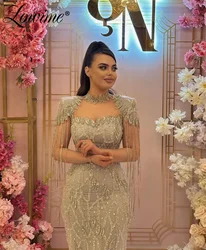 Lowime 2024 Beaded Tassls Cape Sleeve Aso Ebi Mermaid Prom Dress Arabic Women Evening Party Gowns For Weddings Robe De Soiree