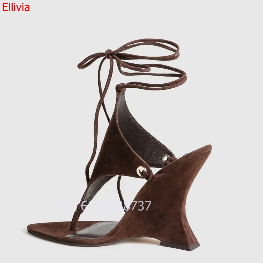 Women Mixed colors Wedge Heel Sandals Pointed Toe Thong Lace Up Ankle Wrap Sandals Fashion Contrast  Party Dress for Ladies - view 5