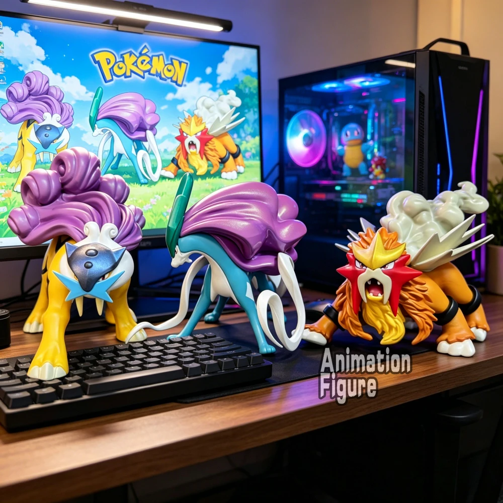 Figura de Anime Pokemon de 9,5 cm, Entei Suicune Raikou, figuras de acción, estatua de Pvc, adorno de escritorio, modelo de colección, juguetes, regalos