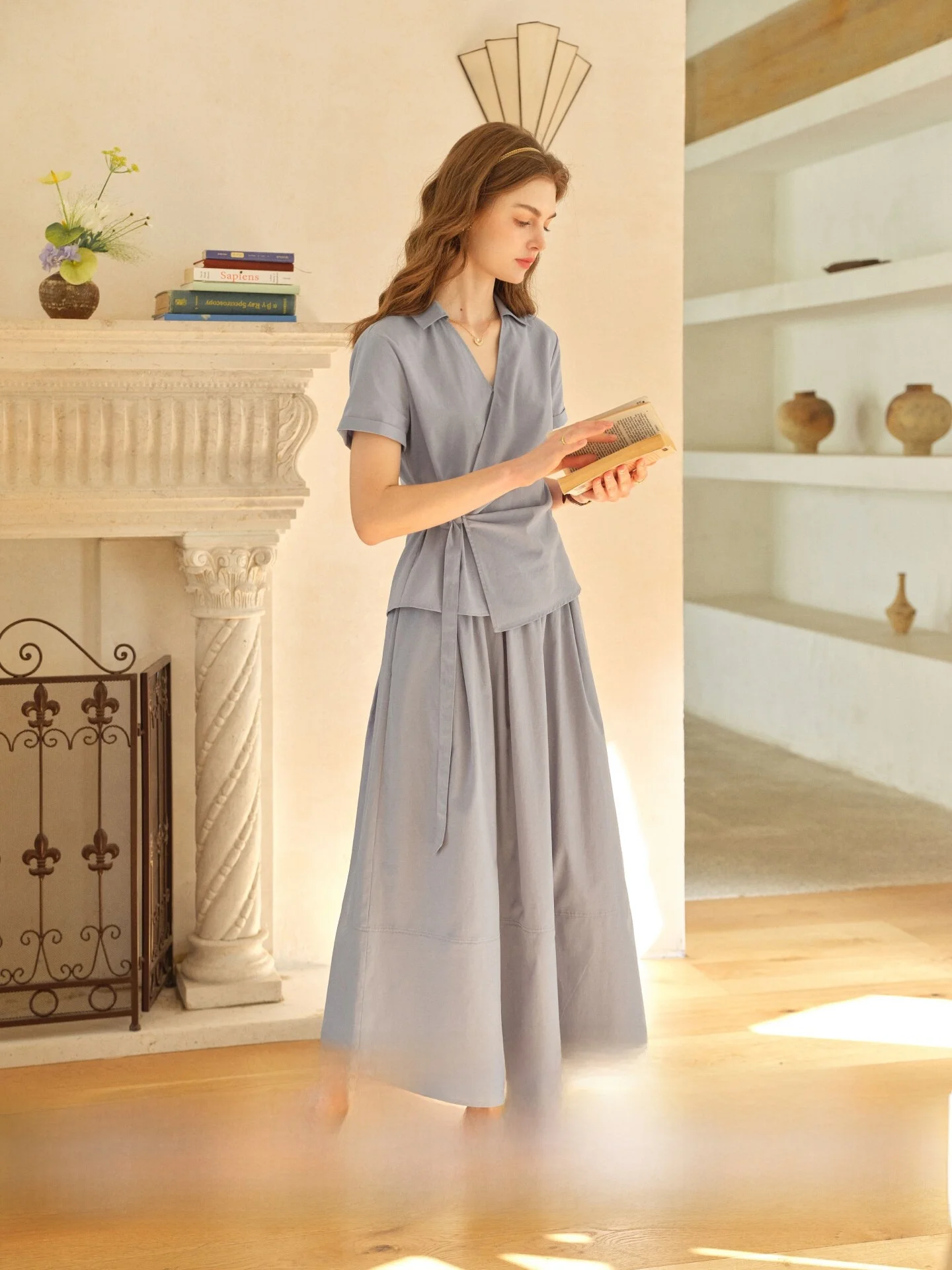 

SimpleRetro Women's Mist Blue Poem Silk Cotton High Waist Sash Shirt Half Skirt Set Spring Fashion Loose Fit Student Uniform
