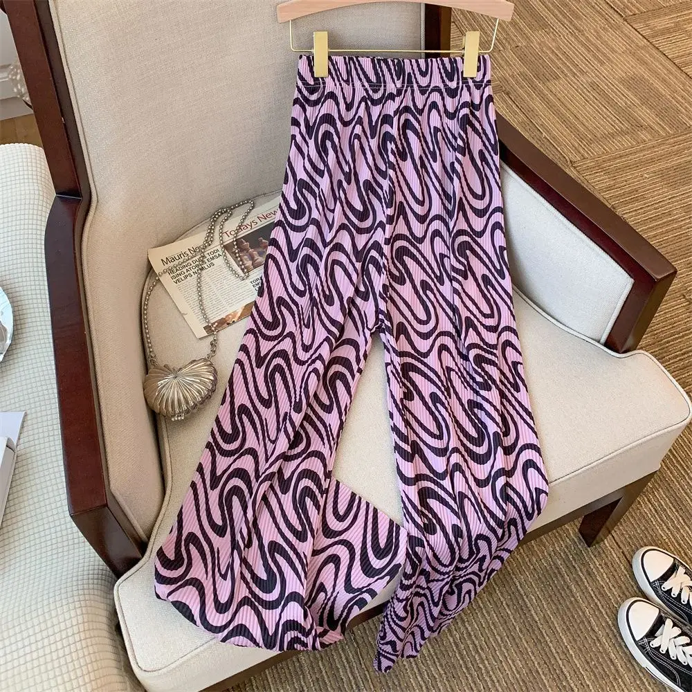 

2023 New Niche Design Printed Dyed Wide Leg Pants for Women Elastic Waist Loose Casual Pants Pleated Floor Mop Pants