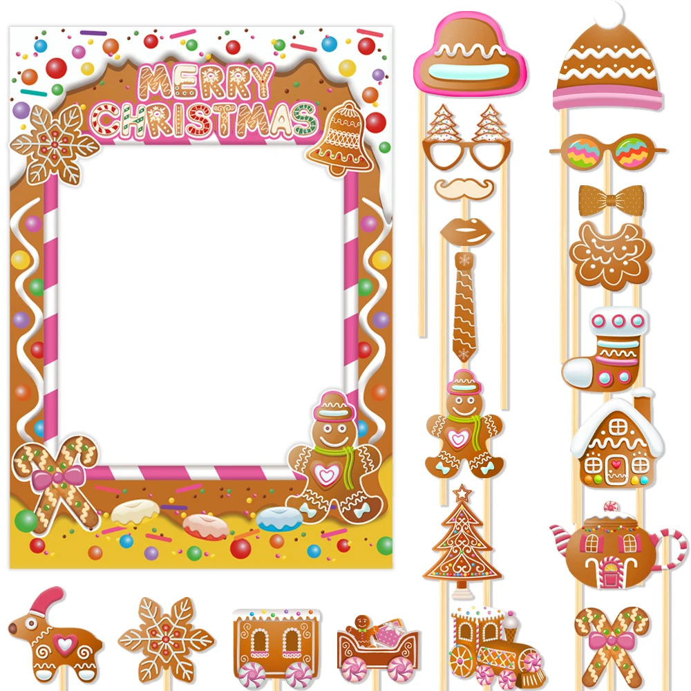 Christmas Photo Booth Props DIY Gingerbread Man House Selfie Picture Photo Booth Frame xmas Party Favors Games for Kids Adults