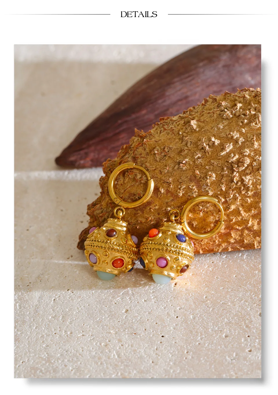 Yhpup 26g Edelstahl Runde Hängeohrringe 18K Goldfarbe PVD-beschichtet Naturstein Exquisiter Französischer Schmuck – Detail 9