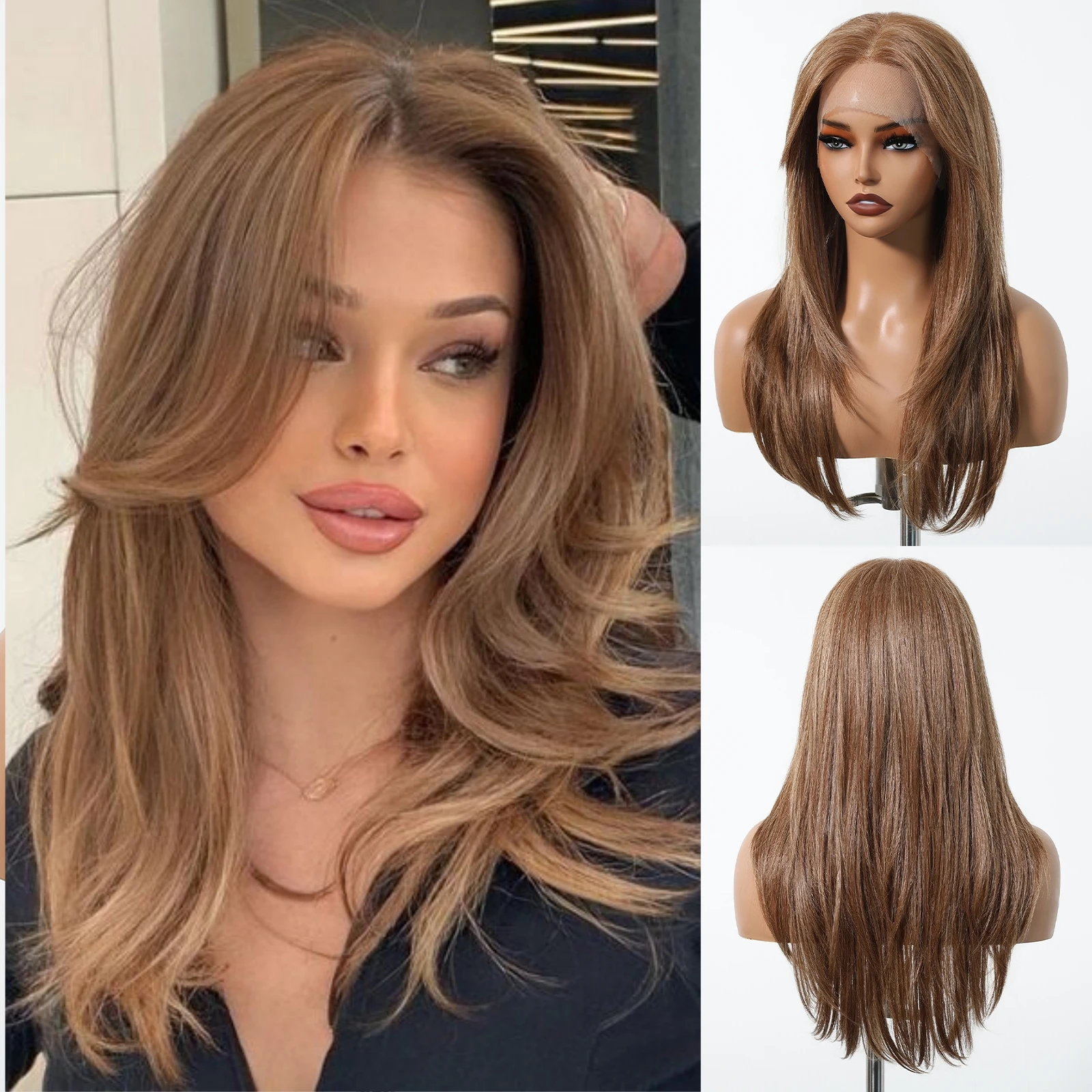 

13* 6 Lace Front Synthetic Wig Layered Straight Light Brown Wig Hair Wig for Women Natural Daily Party Use Heat Resistant Fiber