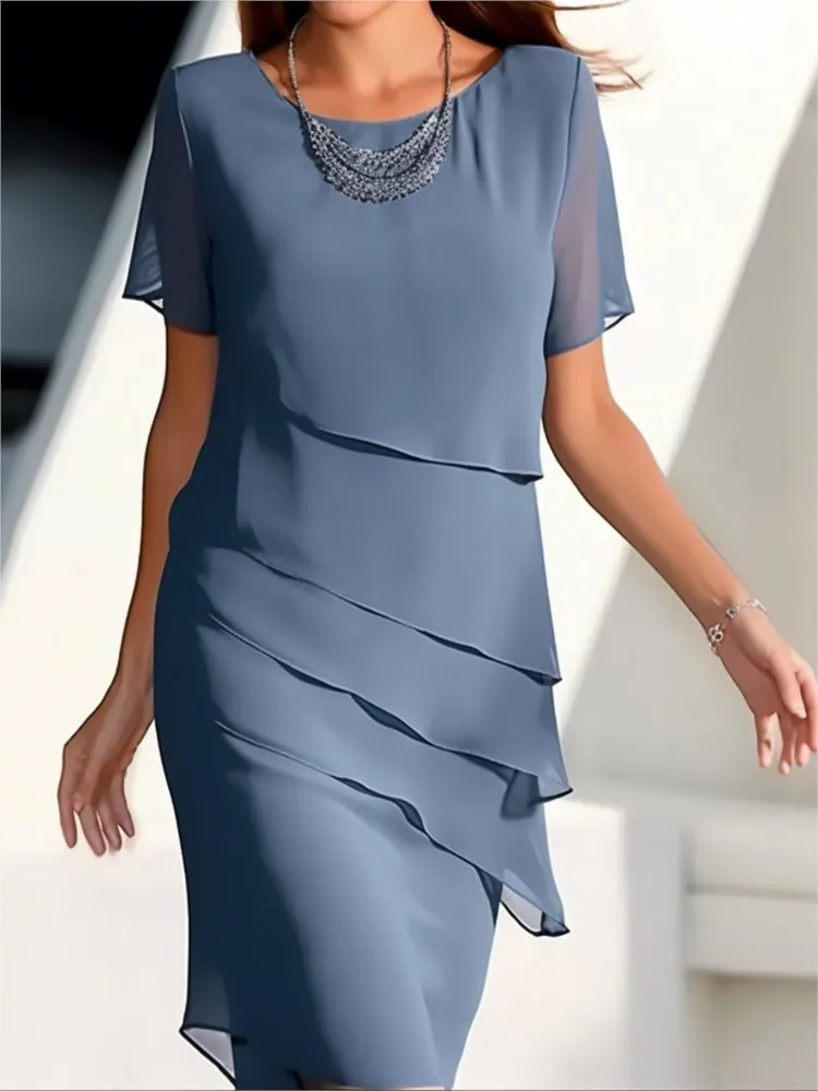 

Women's Summer Solid Dress Fashion O-neck Pleated Edge Design Short Sleeved Dresses Ladies Casual Simple Medium Length Vestidos