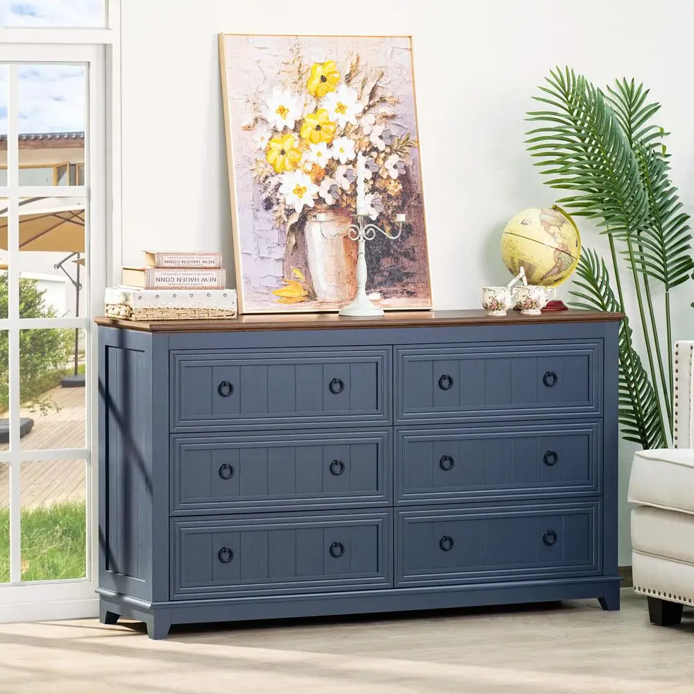 

Farmhouse 6 Drawers Dresser for Bedroom, 54 Inch Wide Wood Dresser Chest of Drawers, Vintage Design TV Stand, Rustic Storage Dr