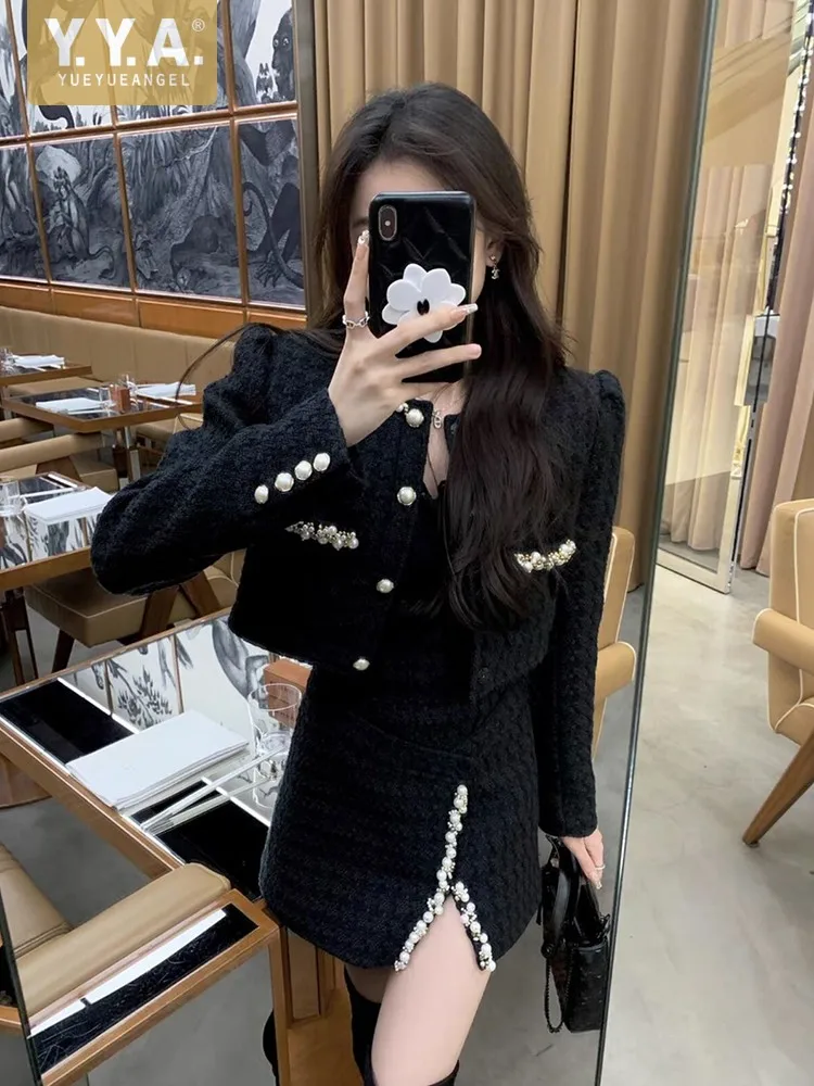 

Elegant Women Pearls Tweed Jacket Split Mini Skirt Two Piece Set Party Slim Fit Ladies Matching Sets O Neck Short Tops Outfits