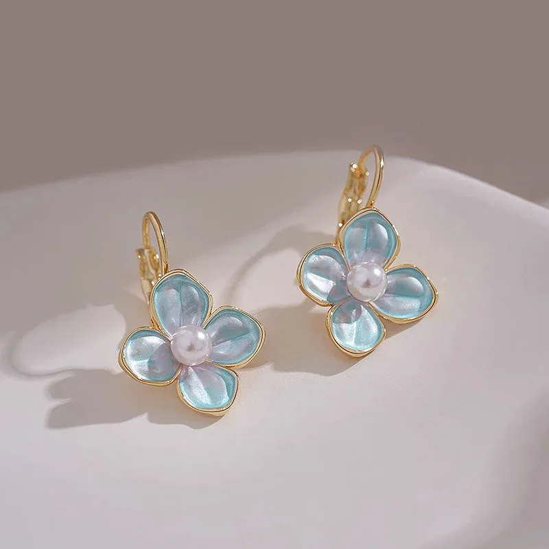 Fresh Blue-green Enamel Flower Pearls Lever Back Earrings Gilrs Sweet Temperament Earring Women Fashion Jewelry