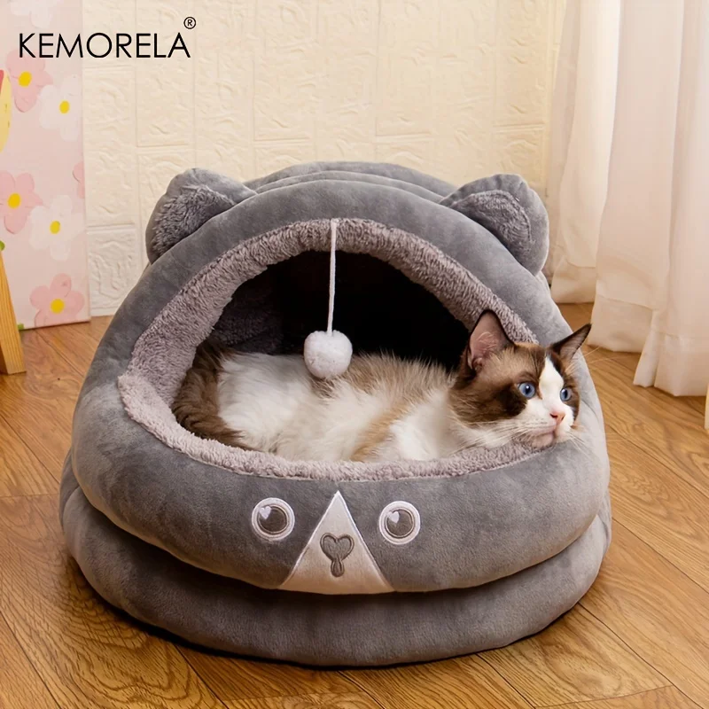 KEMORELA Semi-Enclosed Bear Shape Style Cat Bed Warm Cat And Dog Bed In Autumn And Winter Soft And Comfortable Good Elasticity
