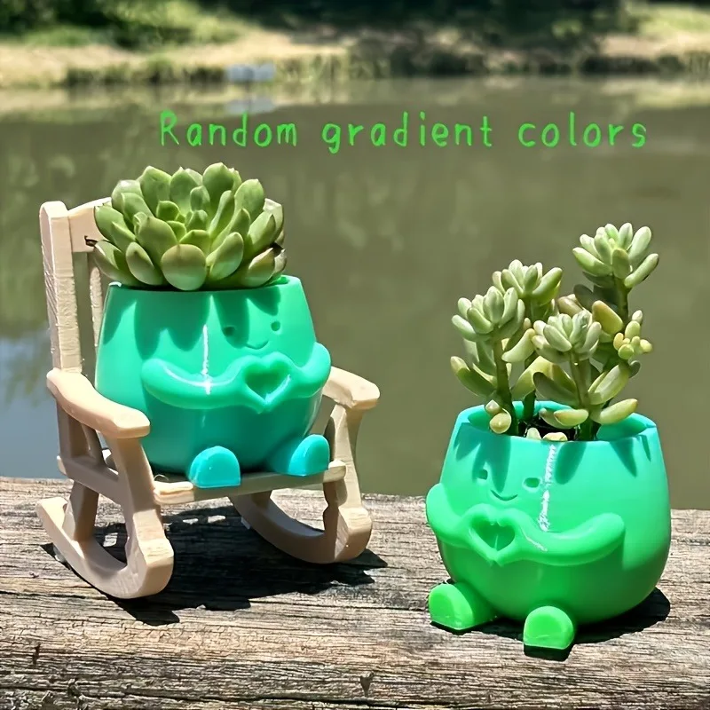 Cute Character Succulent Plant Pot with Rocking Chair, Random Gradient Colors, Flower Arrangement Container, Home Decor Gift