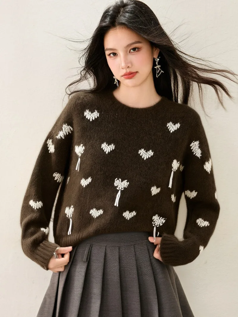 

Korean Heart Pattern Pullovers Sweaters Women 2025 Autumn Winter O Neck Long Sleeve Streetwear Casual Loose Knitted Tops Jumpers