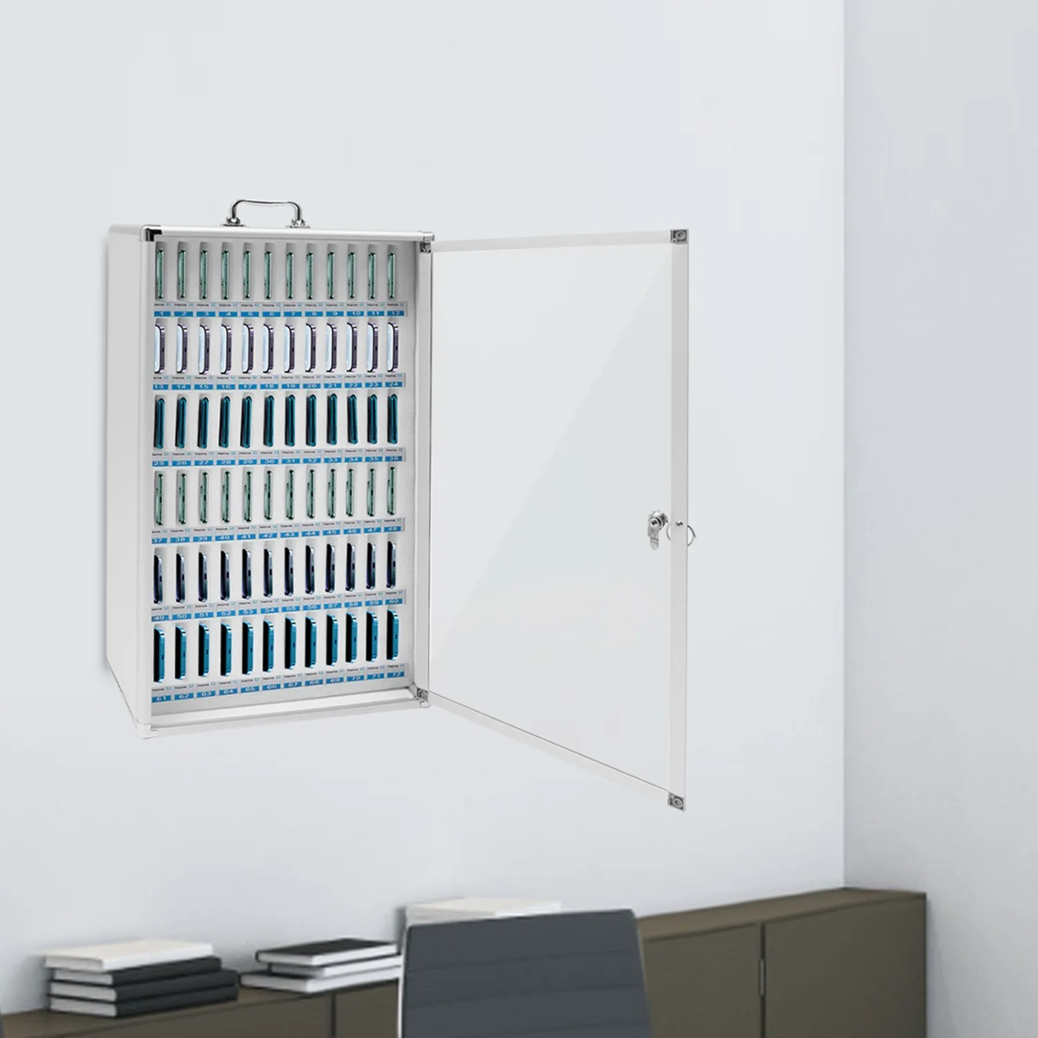 72 Slots Aluminum Alloy Pocket Chart, Cell Phone Locker for Classroom, Storage Cabinet for Cell Phones, Wall-Mounted with a Locked - view 7
