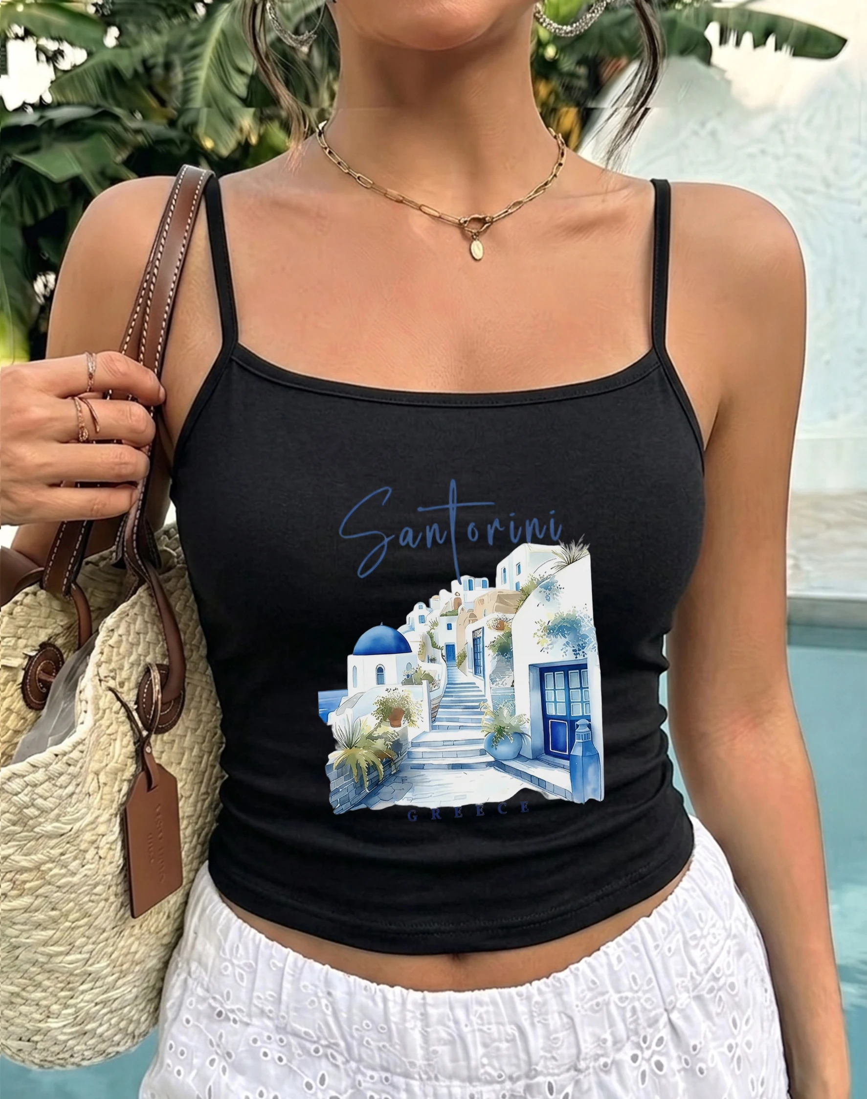 Euro Summer Graphic Camisole Women’s Summer Sleeveless Spaghetti Strap Vest Top with Greece Santorini Church Architecture Art