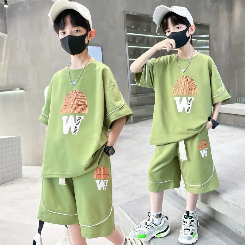 Boys Summer 2023 New Casual Shorts Sleeve Sleeveless T-shirts+Pants 2pcs Sets 5-14 Years Teenage Sportswear Children Outfits Set