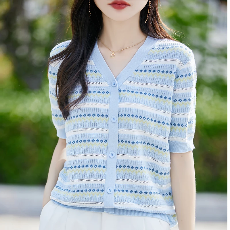 Summer Stripe Knit Loose Fit Short Sleeve T-Shirt Versatile Age-Defying Top Trendy Fake Open Cardigan Ladies Fashion T-Shirt