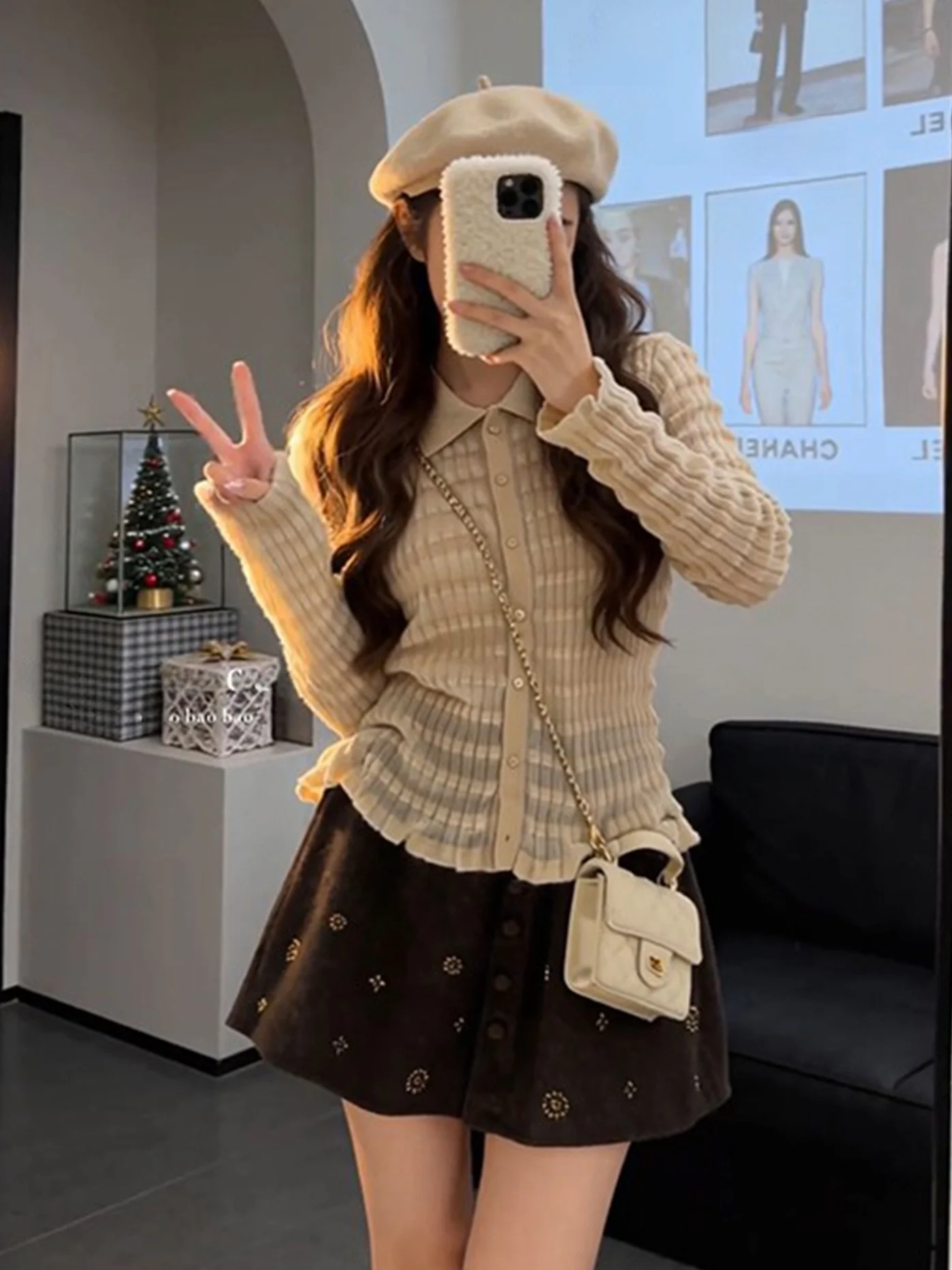 

Женский вязаный комплект больших размеров: повседневный кардиган с отложным воротником и длинными рукавами, юбка, весенний модный дизайн, две части