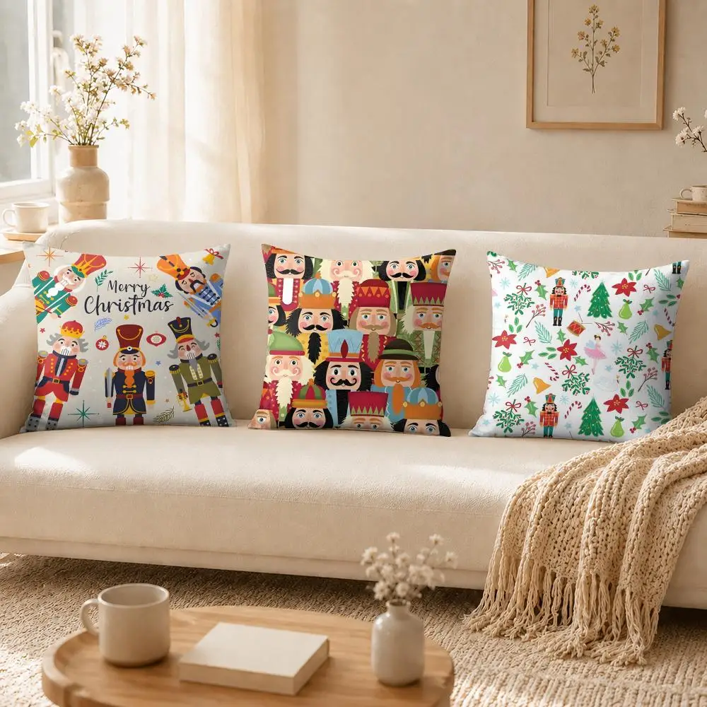 Nutcracker Soldier Christmas Cushion Cover Soft Short Plush Double-Sided Printing Home Decor Cozy Sofa Pillow Case Fine Gift