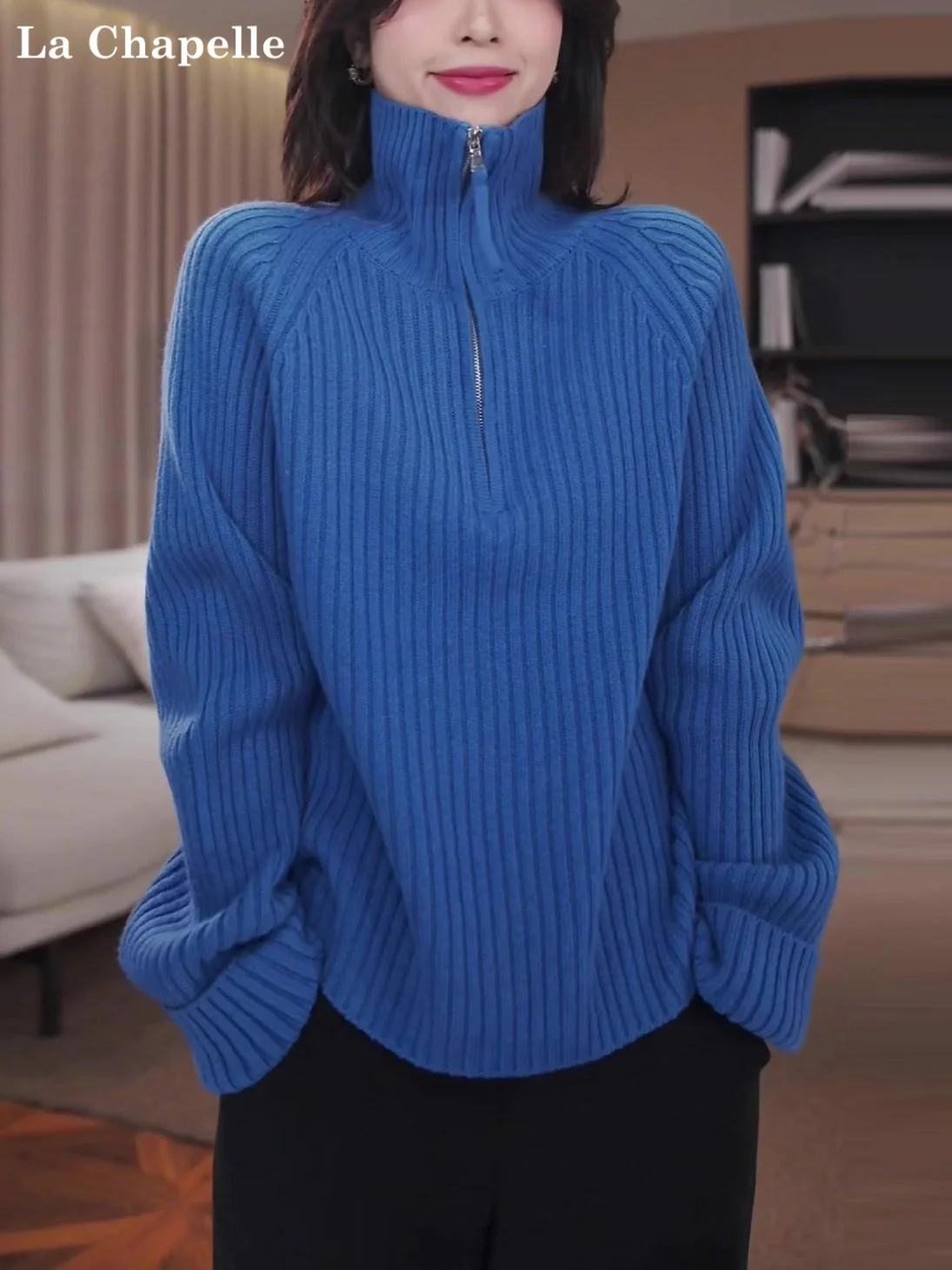 

La Chapelle синий трикотаж на молнии, женский модный свитер на полумолнии, весна-осень-зима, теплый уютный корейский длинный све