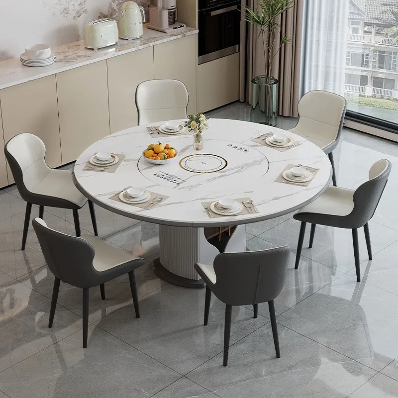 Sintered stone dining table and chair set with induction cooker, hot pot heating board, variable round table table, and built-in