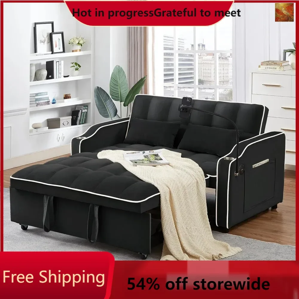 

3-in-1 convertible sofa bed, velvet double sofa bed with phone holder, pull-out sofa bed with USB charging port and cup holder