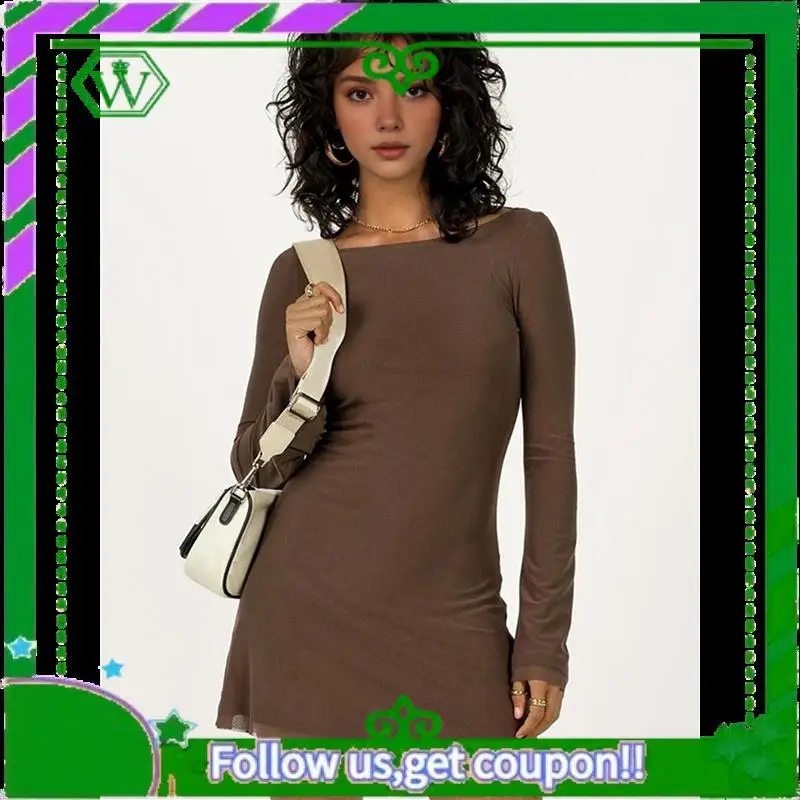 A18P-ผู้หญิงแขนยาวมินิเดรสคอเรือตาข่ายBell Sleeve TieกลับSheer Backless Bodycon Y2kสั้น