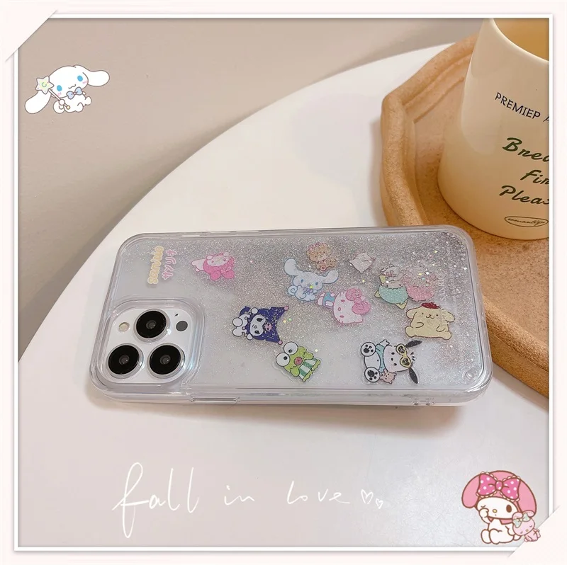

Japan Kitty Melody Pochacco Liquid Quicksand Case For iPhone 16 15 14 13 12 11 Pro Max Plus Bling Kuromi Cinnamoroll Cover