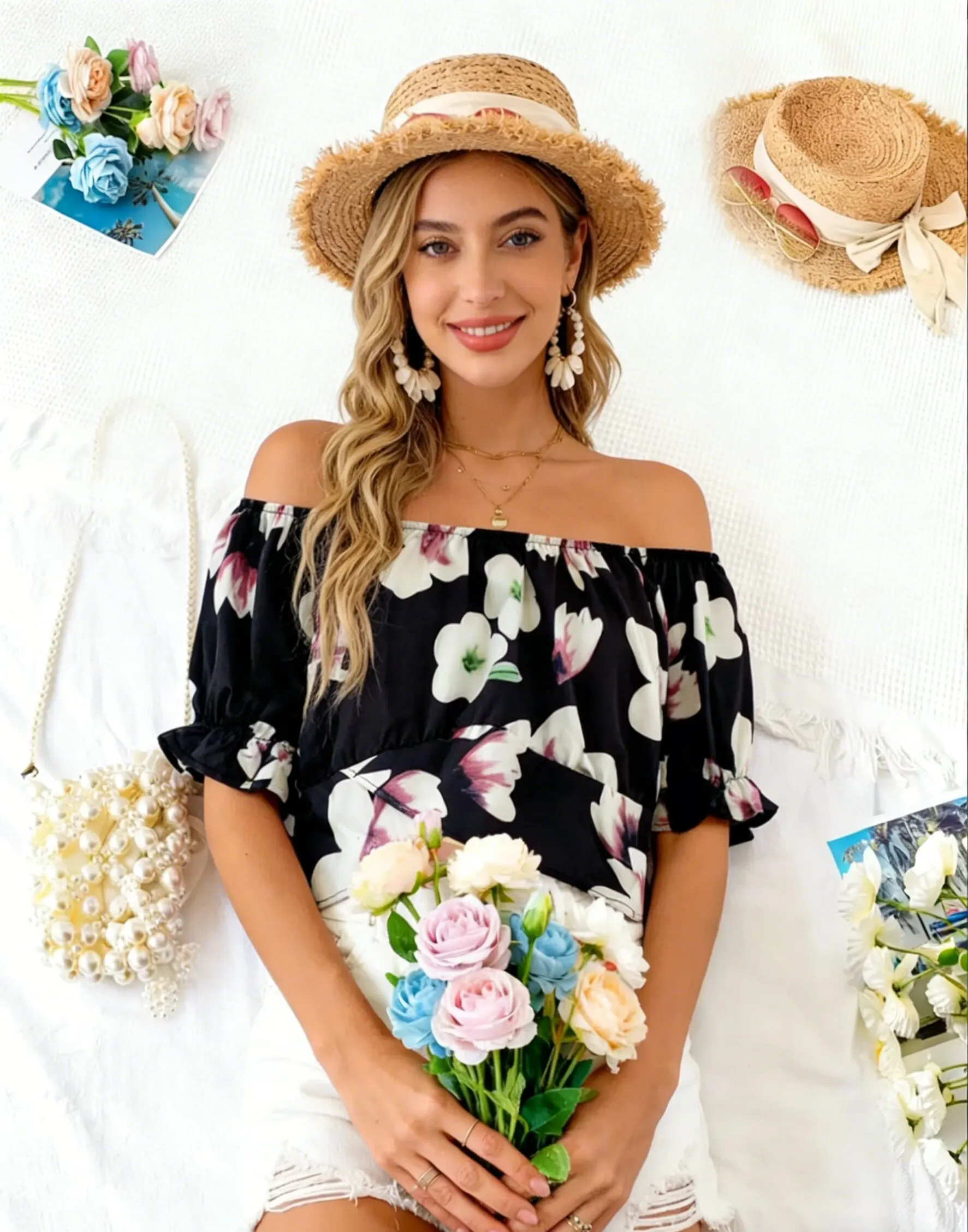 Women's Off Shoulder Crop Top Floral Print Tie Back Ruffle Short Sleeve Wrap Blouse Summer Casual Vacation Tops