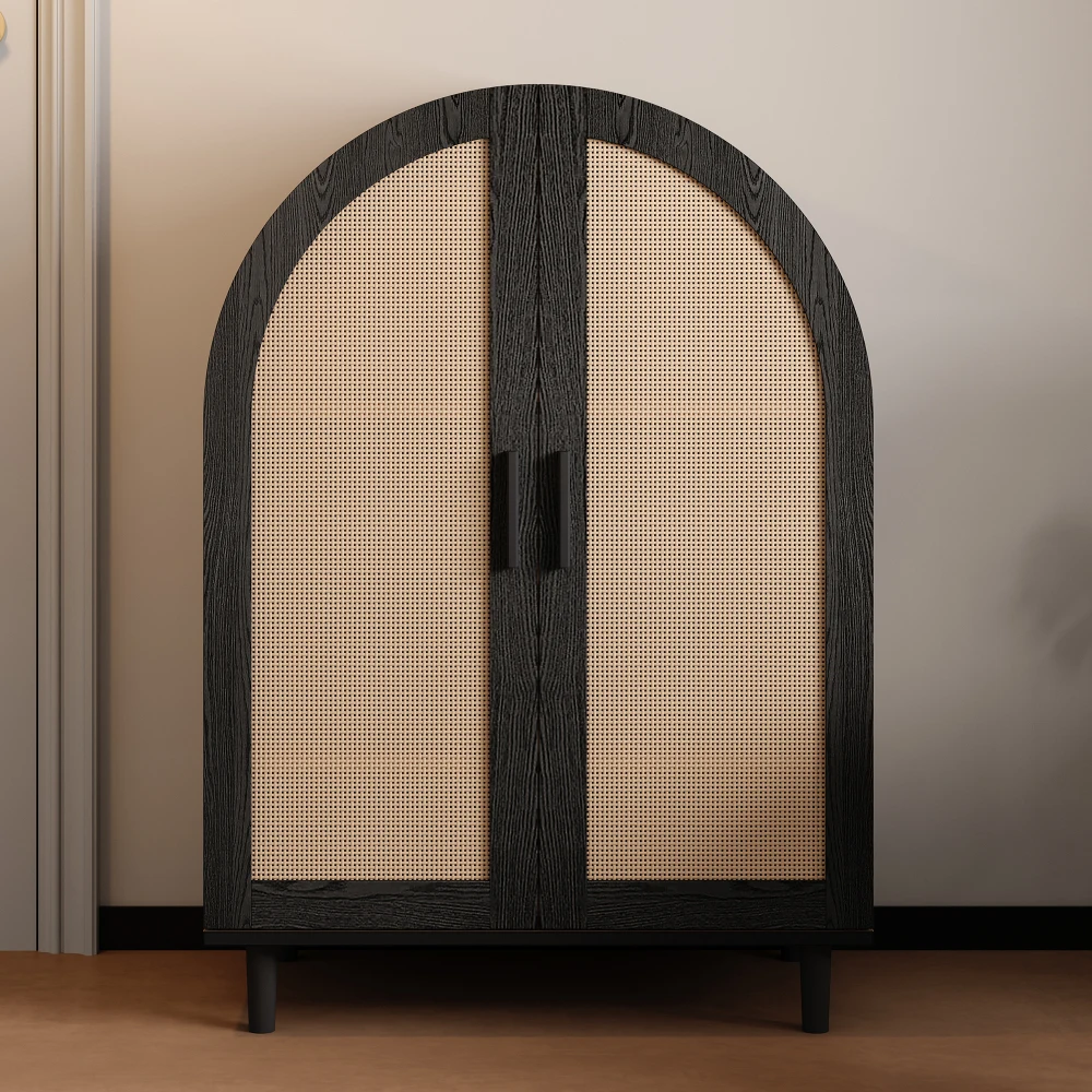 Elegantes Sideboard/Schuhschrank mit abgerundeten Außentüren, gebrochenen Rattan und drei Regalen. – Detail 12
