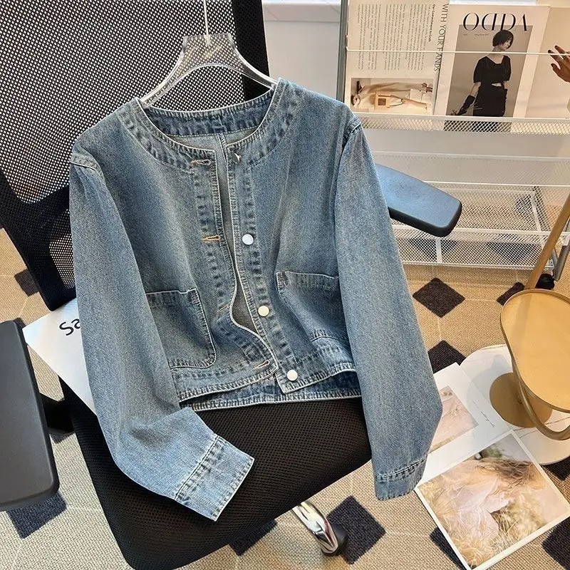 New Design Sense Women's O Neck Short Denim Jacket Spring Autumn Small Fragrant Basic Jacket Fashion Female Motorcycle Jacket