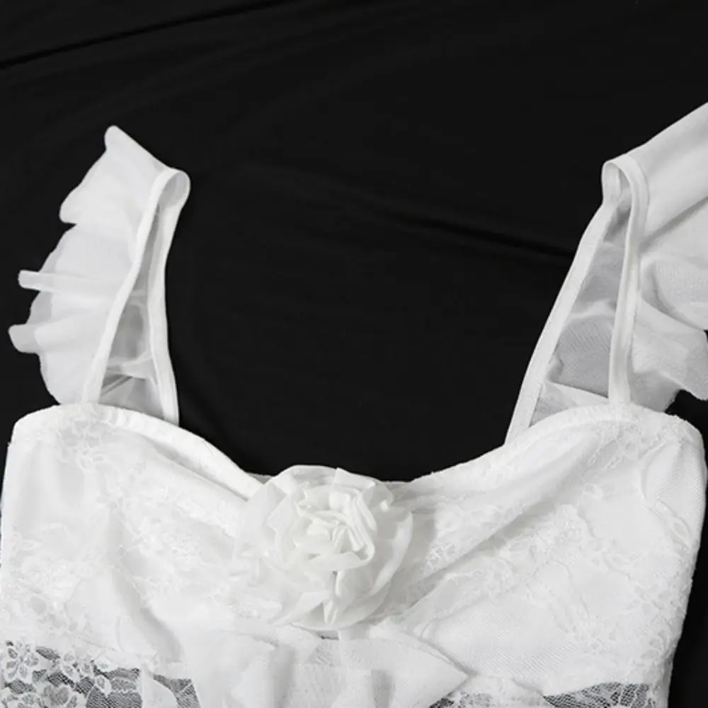 

Off-shoulder Lace Flower Tassel Camisole Transparent Beachwear Mesh Ribbon Dress Sweet Ruffled Edge Sleeveless Top Women