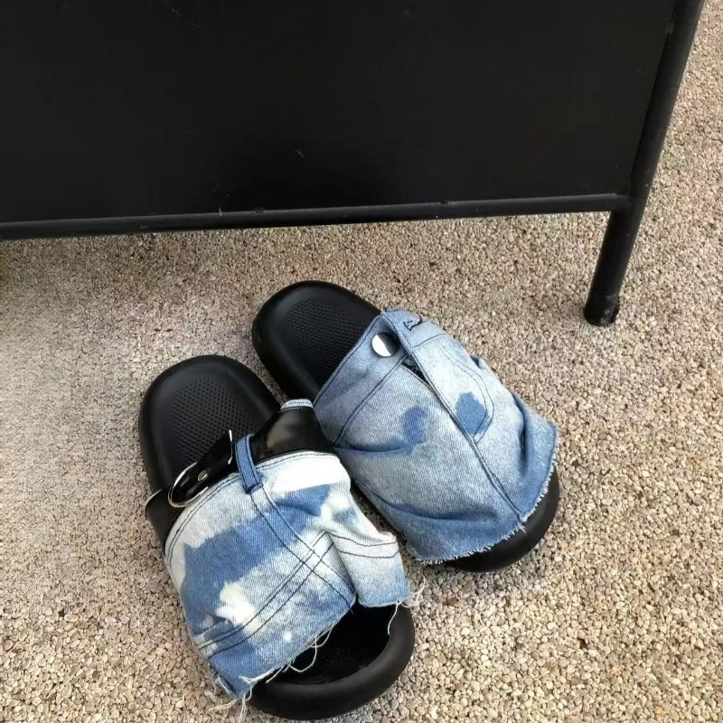Denim Slide Slippers Summer Casual Daily Wear Fashion Lightweight Open Toe Flat Sandals For Daily Outdoor Beach